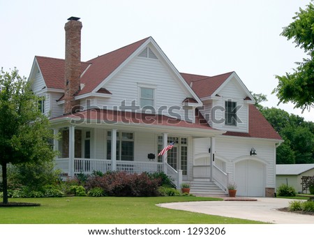 stock photo Modern classic new old house design in suburban community 