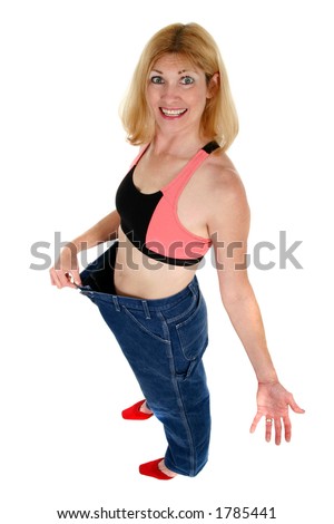 stock photo Beautiful freshly skinny blonde middle aged woman demonstrates 