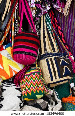 Women fashion accessories, Various items of crocheted bucket-style handbags, Wayuu handcrafted mochilas woolen bags, Colombia - street market / Fashion - Crochet handbags