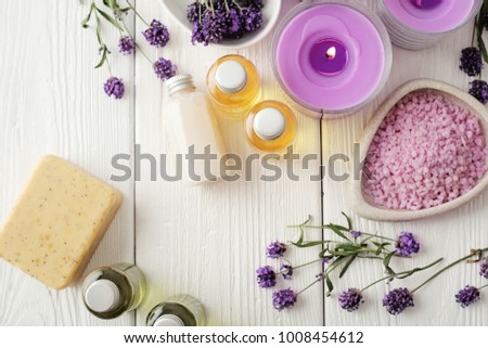 lavender SPA cosmetics, flat lay. soap, essential oils, bath salt and aromatherapy candles