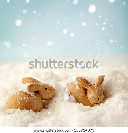 Winter background with rabbits and snow