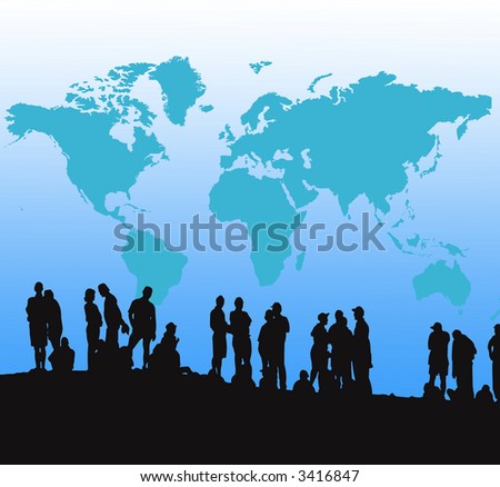 Global generation - silhouettes of people People doing different things in front of a world map.