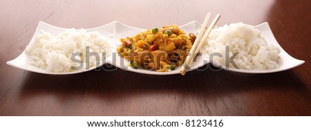 Thai peanut chicken curry with rice. chinese food. Indian curries and rice dishes