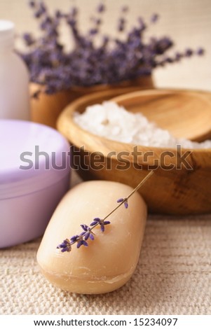 bar of soap, bath salt and cosmetics
