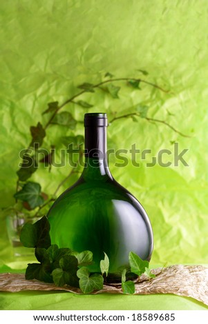 bottle of wine with green leaf. wine bottle and young grape vine branch in early summer
