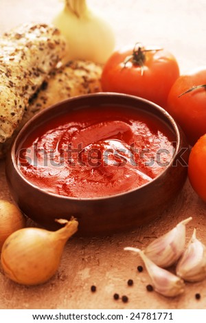 tomato soup. bowl of vegetable soup