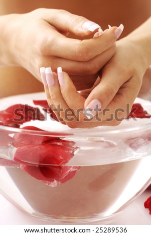 Beautiful hands and water with rose petals