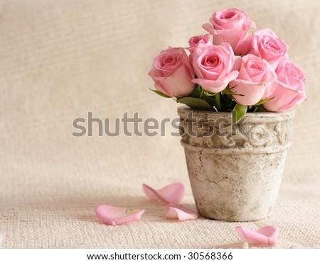 rose flowers in old-fashioned flower pot