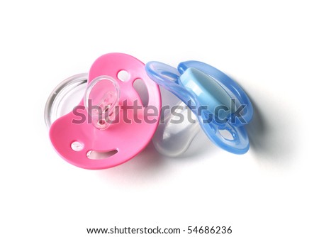 Two Baby Pacifiers On White Background. Baby Accessories Series 