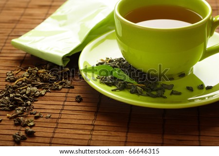 healthy green tea cup with tea leaves