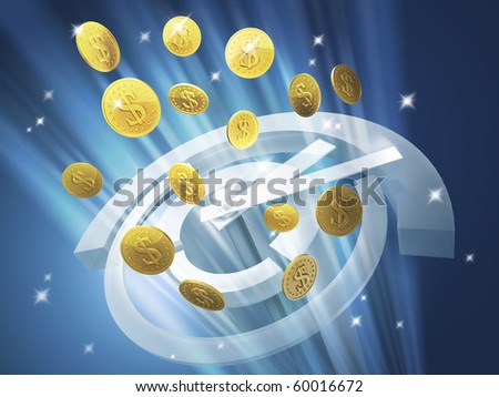 Time is money. Out of the clock in high-tech style fly gold coins with dollar sign