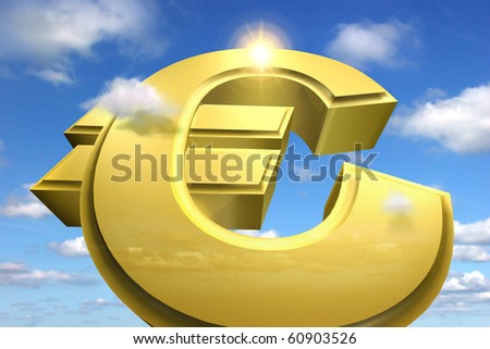 A huge euro sign rising to the sky symbolizes financial success and a great profit