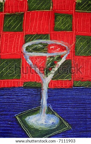 oil painting of a vodka martini with three green olives on a green napkin in a blue bar with a red and green checked wall.