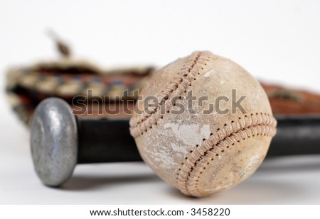 A player\'s old baseball gear, mitt, bat, and ball.