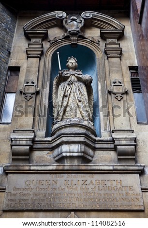 An original statue of Elizabeth I in the courtyard of St Dunstan-in-the-West Church. It is the oldest outdoor statue in London.