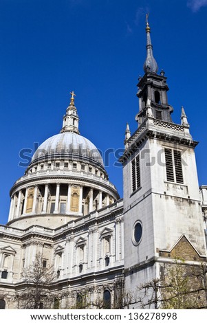 St. Paul\'s Cathedral and the Tower of the former St. Augustine Church (now the St. Paul\'s Cathedral Choir School) in London.