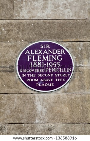 Sir Alexander Fleming Plaque at St. Mary\'s Hospital in London.  The location where Fleming discovered Penicillin.