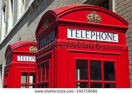 Iconic red telephone boxes in London.