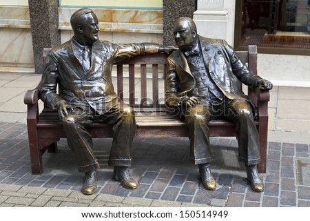 LONDON, UK Ã¢Â?Â? APRIL 28TH 2013: Statues of allies Franklin D. Roosevelt and Winston Churchill \'talking\' to each other in London\'s Mayfair.