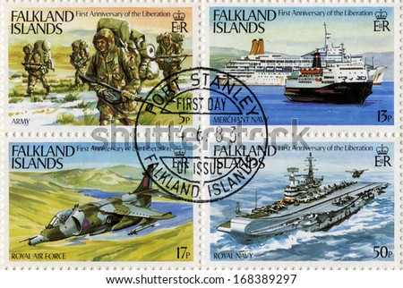 FALKLAND ISLANDS - CIRCA 1983 - Postage Stamps commemorating the first anniversary of the Liberation of the Falkland Islands, circa 1983.