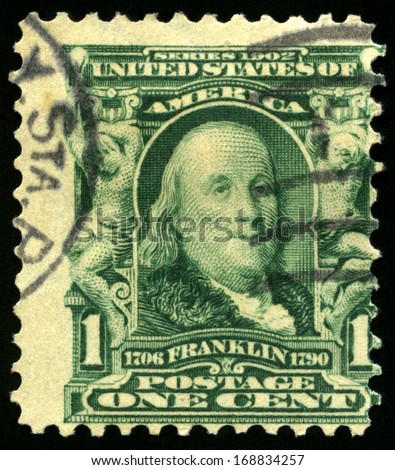 UNITED STATES - CIRCA 1902: Vintage US Postage Stamp celebrating Benjamin Franklin, circa 1902.