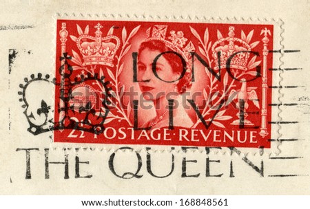 UNITED KINGDOM - CIRCA 1953: A vintage British postage stamp celebrating the Coronation of Queen Elizabeth II and a 'Long Live The Queen' postmark, circa 1953.