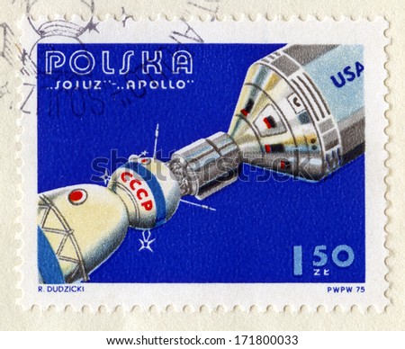 POLAND - CIRCA 1975: Vintage Polish Postage Stamps celebrating the Soyuz Space Mission.  It was the first joint USÃ?Â?Ã?Â�Soviet space flight, circa 1975.