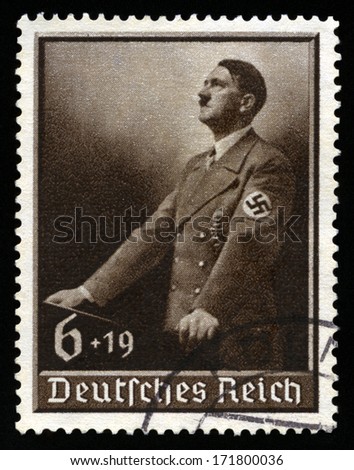 Germany - Circa 1939: A Vintage German Reich Postage Stamp Portraying An Image Adolf Hitler, Circa 1939.