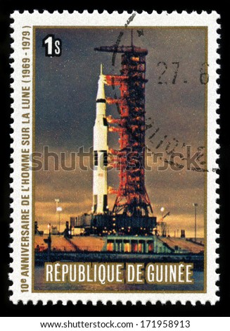 REPUBLIC OF GUINEA - CIRCA 1979: A postage stamp from the Republic of Guinea commemorating the 10th Anniversary of the Apollo 11 Moon Landing, circa 1979.