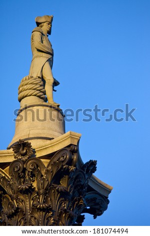Admiral Nelson ontop of Nelson\'s Column in Trafalgar Square, London.