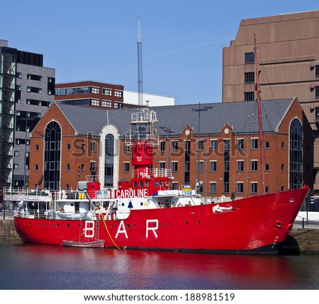 LIVERPOOL, UK - APRIL 15TH 2014: The historic Radio Caroline ship docked in Liverpool on 15th April 2014. Radio Caroline was Britain\'s first and most famous offshore commercial radio ship.