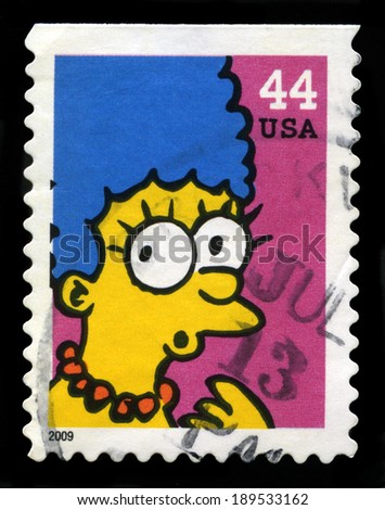 UNITED STATES CIRCA 2009 A Postage stamp from the USA featuring an image of Marge Simpson from The Simpsons circa 2009 UNITED STATES CIRCA 2009 A Postage stamp from the USA featuring an image of Marge Simpson from The Simpsons circa 2009