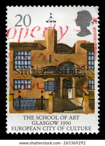 UNITED KINGDOM - CIRCA 1990: A used British Postage Stamp depicting an image of the Glasgow School of Art, circa 1990.