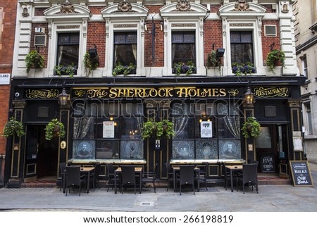 LONDON, UK - APRIL 1ST 2015: The traditional exterior of the Sherlock Holmes public house on Northumberland Street in Westminster, London on 1st April 2015.