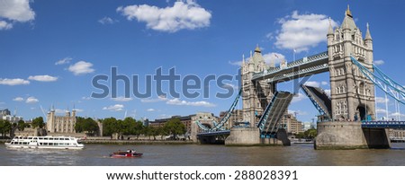 LONDON, UK - JUNE 7TH 2015: A beautiful panoramic view of Tower Bridge, Tower of London and the River Thames, on 7th June 2015.