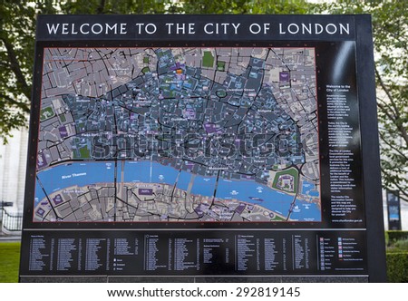 LONDON, UK - JUNE 29TH 2015: A sign detailing places of interest and  welcoming visitors to the City of London, on 29th June 2015.