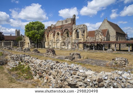 CANTERBURY, UK - JULY 19TH 2015: The remains of the historic St. Augustines Abbey in Canterbury, Kent on 19th July 2015.  The tower of Canterbury Cathedral can be seen in the distance.