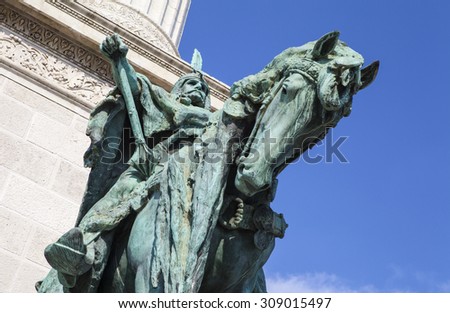 The statue of Arpad, the founder of the Hungarian nation.  Situated at the base of the Heroes Square Column in Budapest.