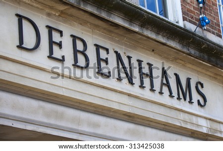 YORK, UK - AUGUST 26TH 2015: A sign for a Debenhams retail store in York, on 26th August 2015.