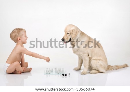 A boy playing chess with golden retriever