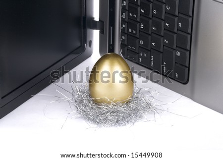 laptop and golden egg on white background