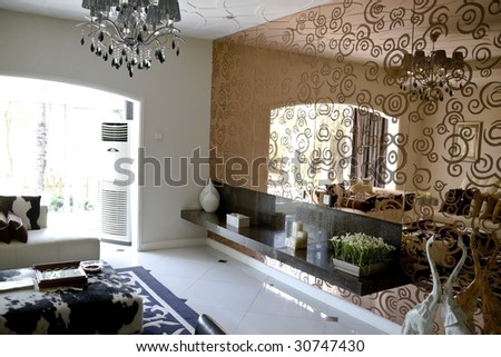 modern mirrors for living room on Luxury Modern Living Room With Mirror Wall Stock Photo 30747430