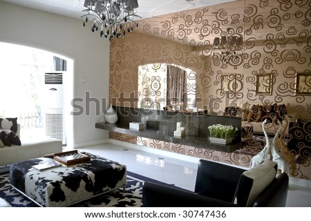 modern mirrors for living room on Luxury Modern Living Room With Mirror Wall Stock Photo 30747436