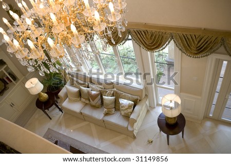 Luxury modern living room with big windows