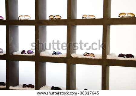 Eyeglasses display shelves at the shop