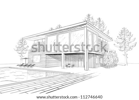Vector Black And White Sketch Of Modern Suburban Wooden House With Swimming Pool And Chaise Lounges