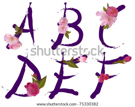 stock photo Spring alphabet with gentle sakura flowers letters ABC