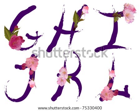 stock photo Spring alphabet with gentle sakura flowers letters GHI