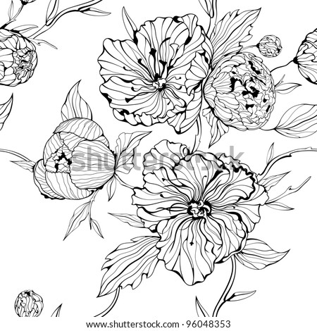 Vector black and white seamless background with flowers