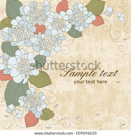 Vector greeting card with blue hydrangea flowers in pastel colors